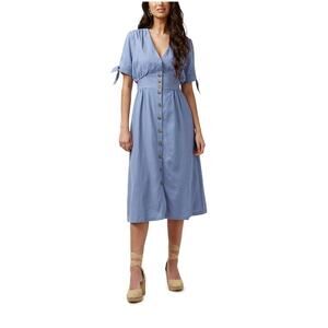 Buffalo David Bitton Womens Mariposa V Neck Button Front Blue Midi Dress Large